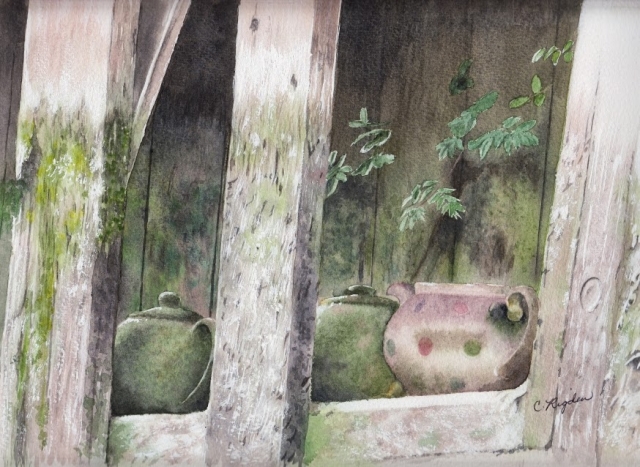 Teapots at Torksey, watercolour, 12" x 8" (Christine Rigden)