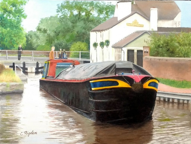 NB Lindsay at Star Lock (steered by Liz), acrylic on board, 14"x18"