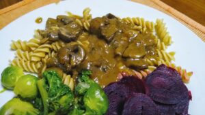 Mushroom Stroganoff with Brussels Sprouts and Beetroot